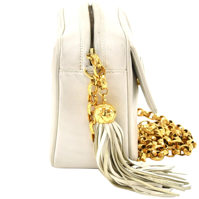 

Chanel White Leather CC Tassel Charm  Crossbody Bag