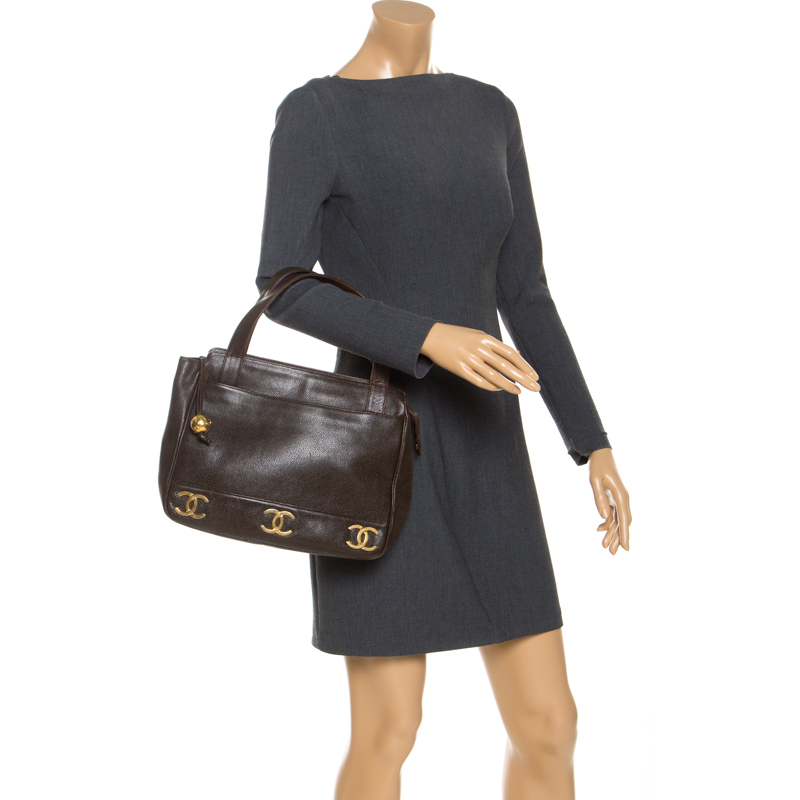 

Chanel Brown Caviar Leather Triple CC Logo Vintage Shoulder Bag