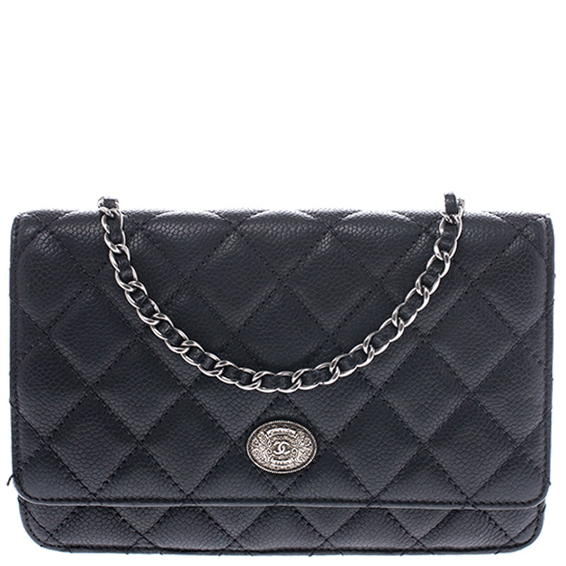 Pre Owned Chanel Black Quilted Caviar Leather Wallet On Chain