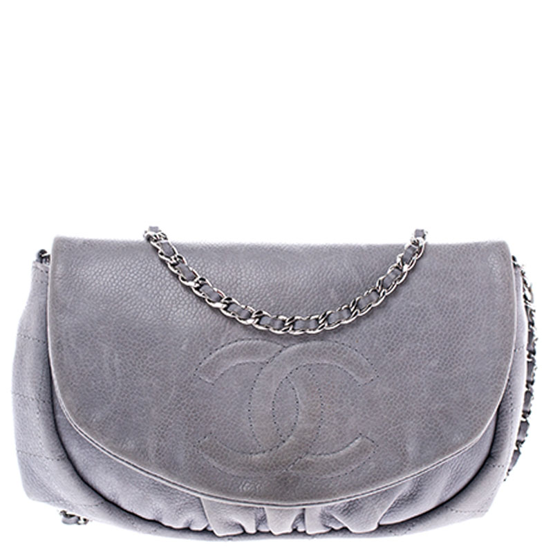 Chanel Grey Caviar Leather Half Moon Wallet On Chain