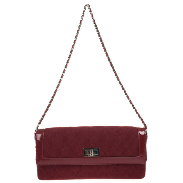 Pre Owned Chanel Dark Bordeaux Quilted Wool and Patent Leather East/West Mademoiselle Flap Bag