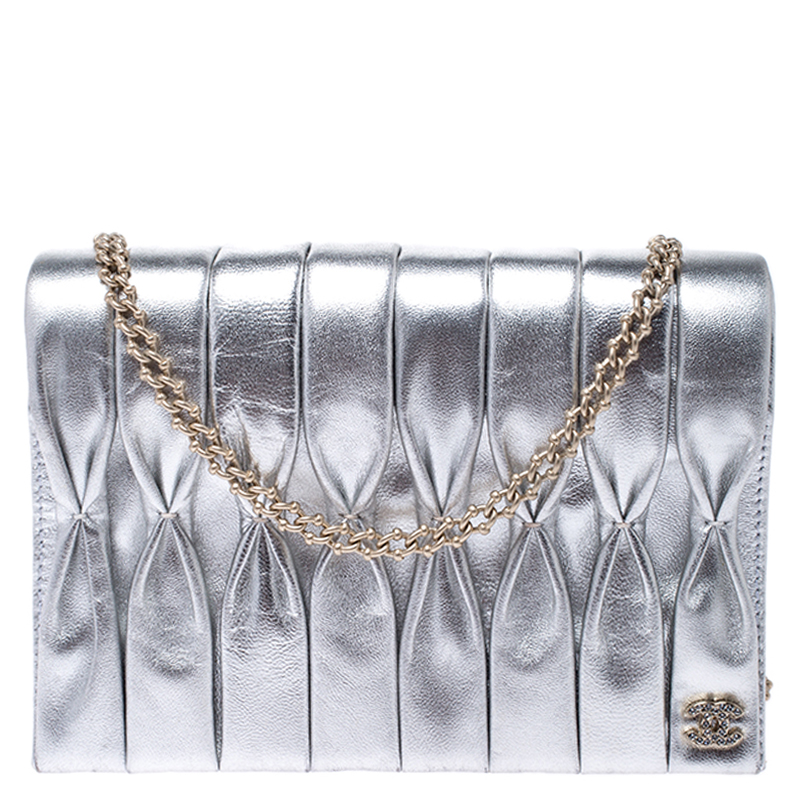 Chanel Silver Metallic Pleated Leather Flap Chain Clutch Chanel | TLC