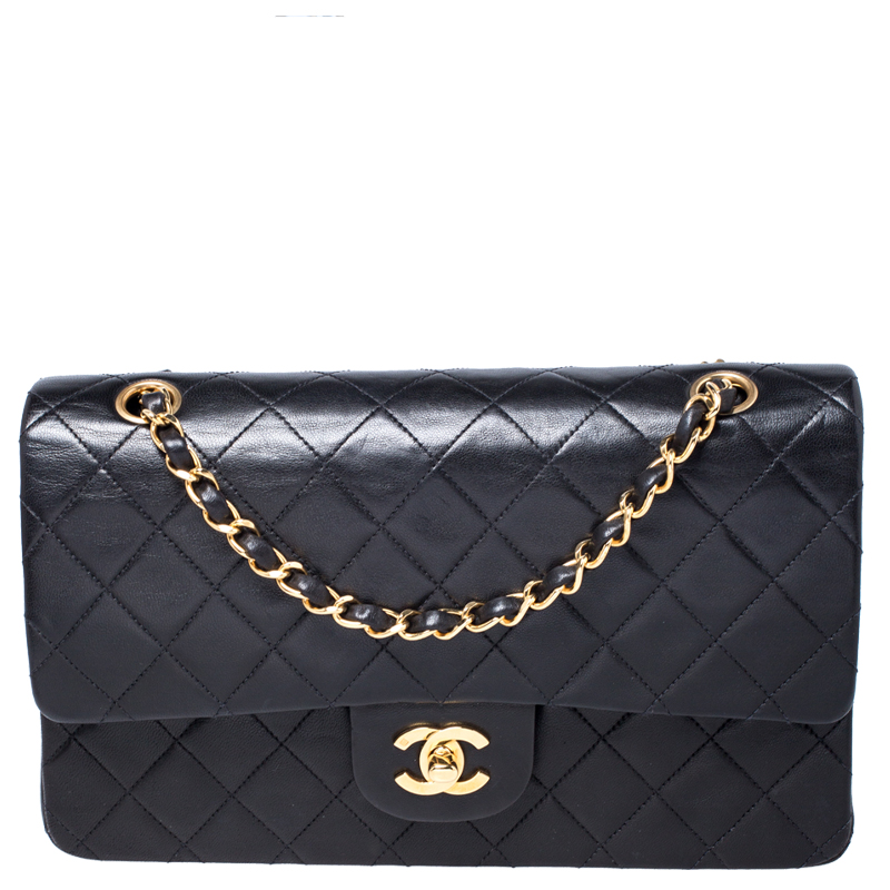 Pre Owned Chanel Black Quilted Leather Medium Vintage Classic Double Flap Bag