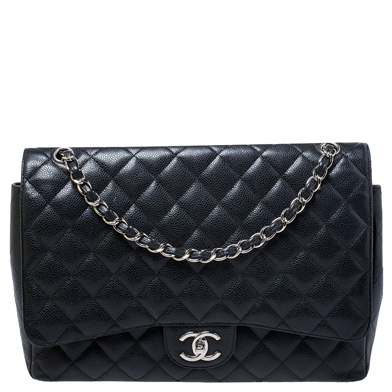 مملوكة مسبقًا حقيبة شانيل قلاب مزدوج كلاسيكية ماكسي جلد كافيار مبطنة سوداء