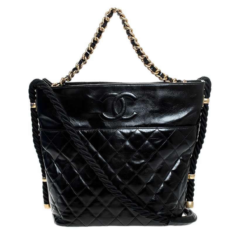 Pre Owned Chanel Black Quilted Leather Rope Chain Hobo