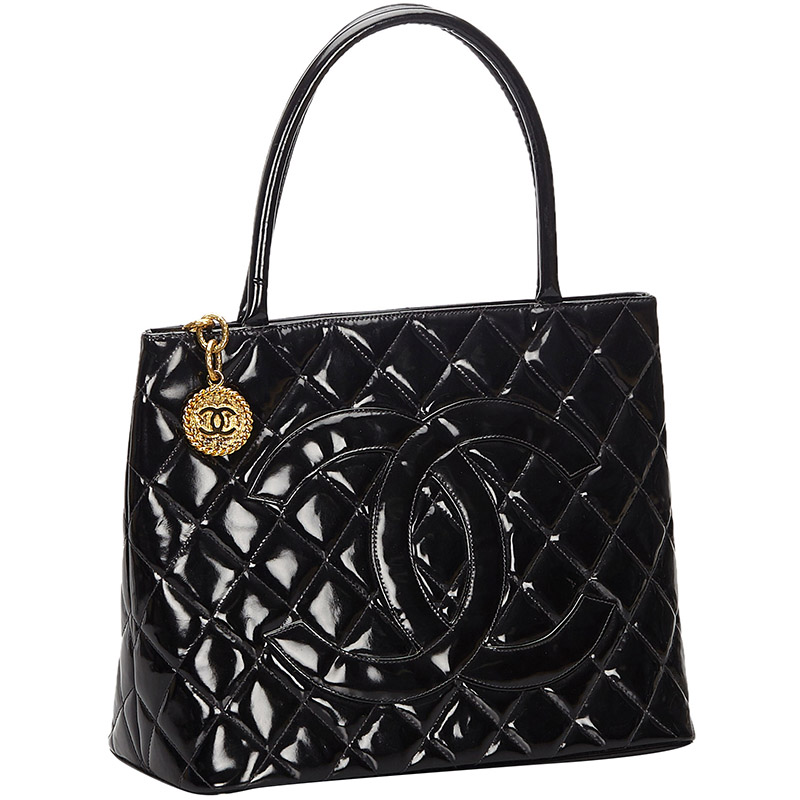 

Chanel Black Quilted Patent Leather Revival Medallion Tote Bag