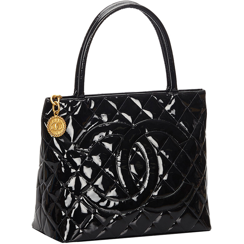 

Chanel Black Quilted Patent Leather Revival Medallion Tote