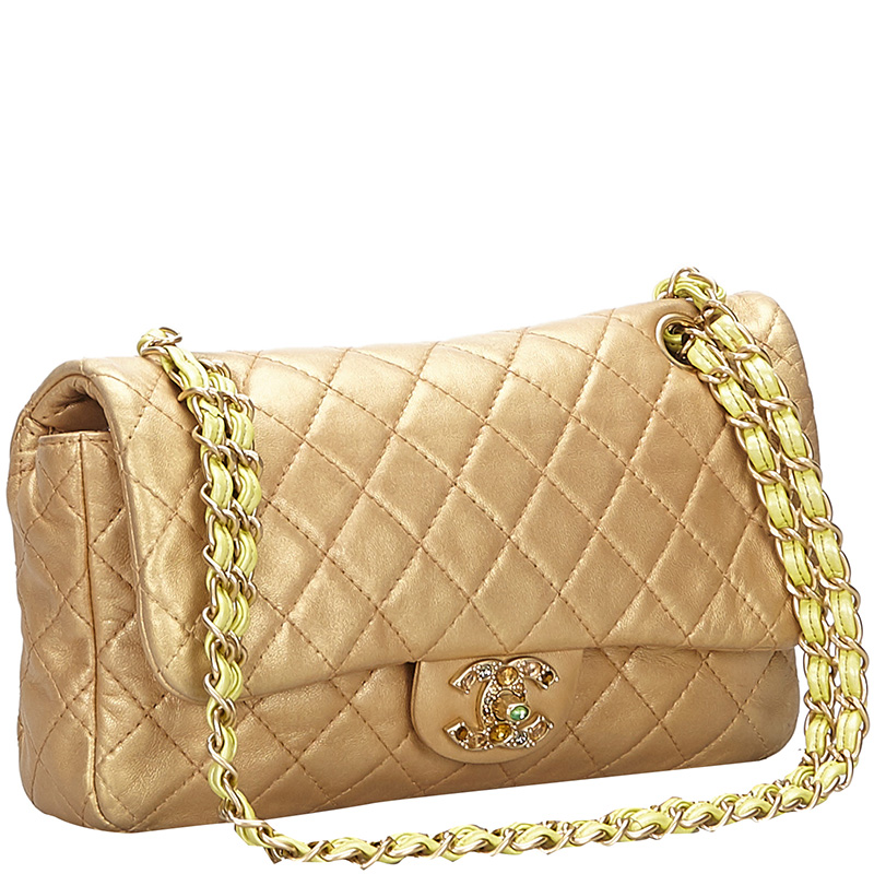 

Chanel Gold Lambskin Leather Precious Jewel Medium Single Flap Bag