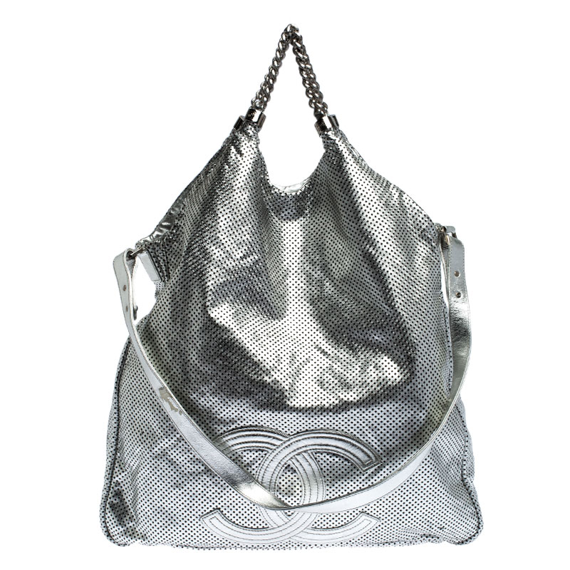 CHANEL Metallic Glazed Calfskin Perforated Medium Rodeo Drive Tote Silver  1039283