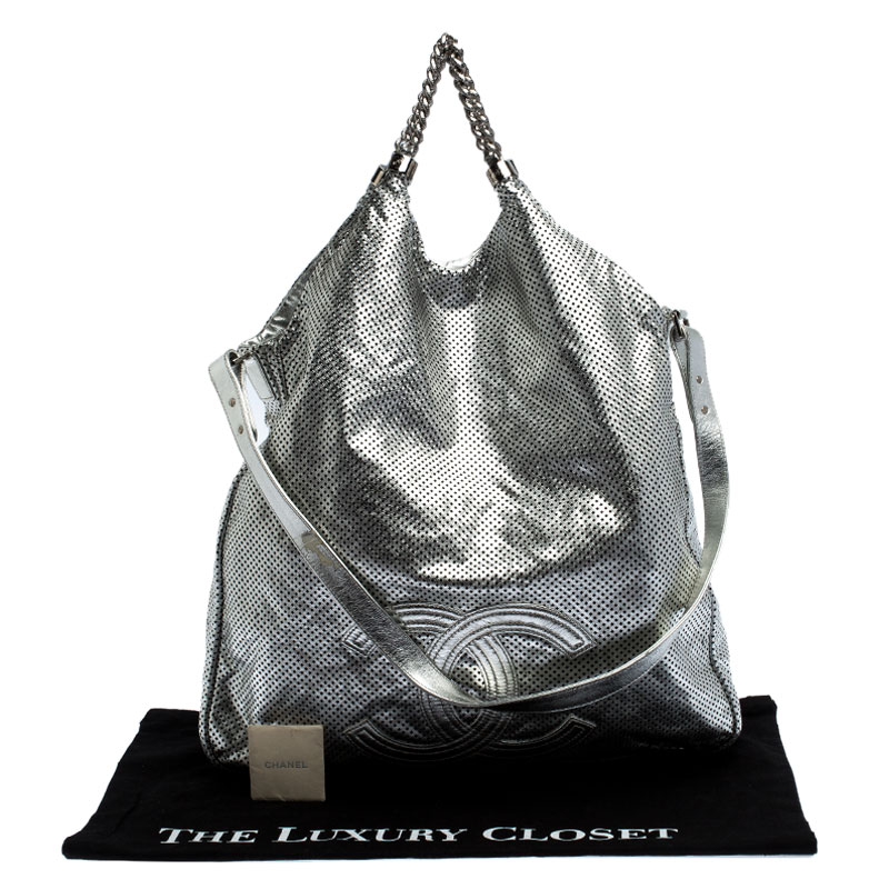 CHANEL, Bags, Chanel Rodeo Drive Fab Silver Perforated Leather Hobo Bag