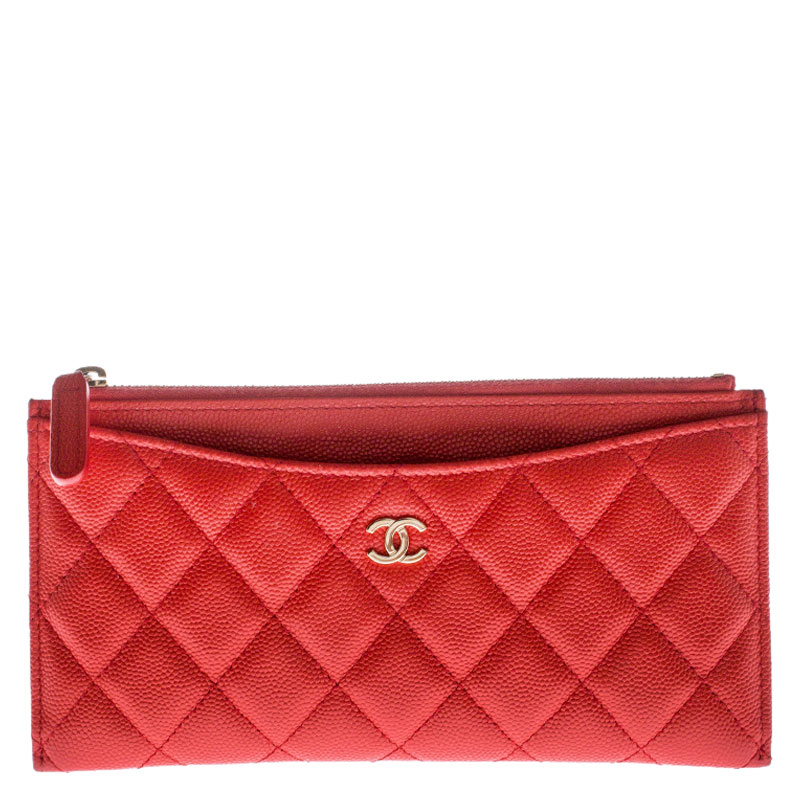 Chanel Orange Quilted Leather Classic Top Zip Wallet
