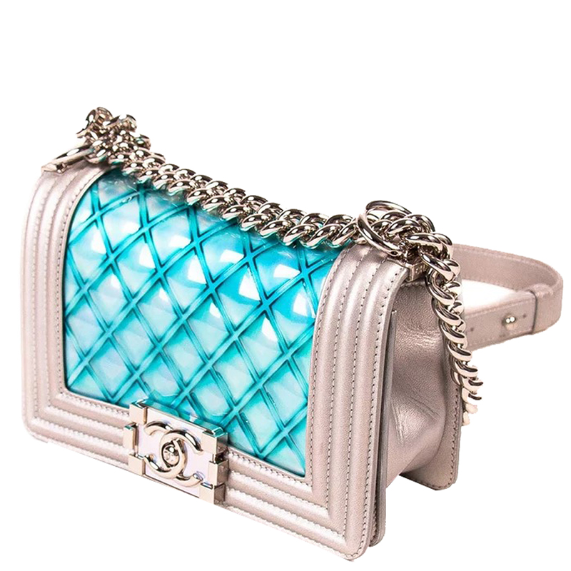 

Chanel Silver Metallic Leather Boy Water Small Flap Bag, Blue