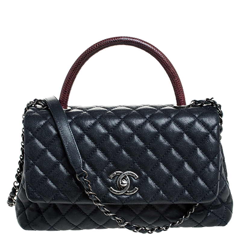 Pre Owned Chanel Navy Blue Quilted Caviar Leather Medium Lizard Handle Coco Flap Bag