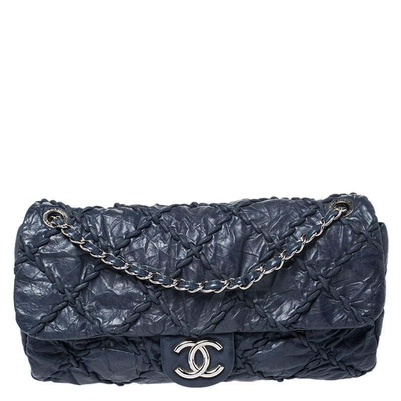 Pre Owned Chanel Navy Blue Quilted Leather Wild Stitch Flap Bag