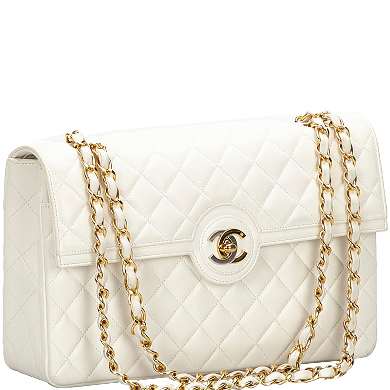 

Chanel White Leather CC Double Flap Shoulder Bag
