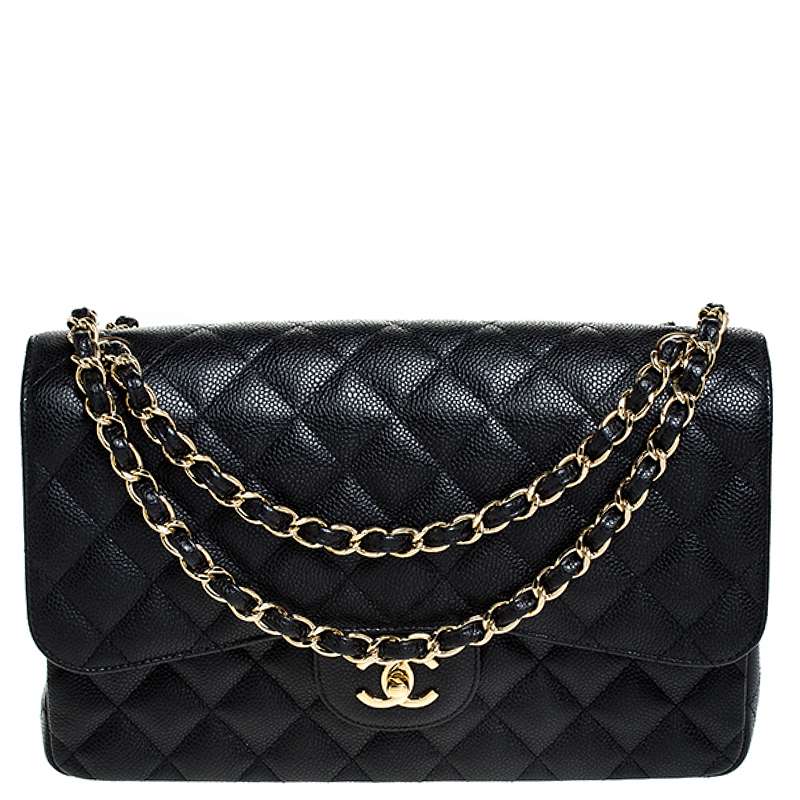 Pre Owned Chanel Black Quilted Caviar Leather Jumbo Classic Double Flap Bag