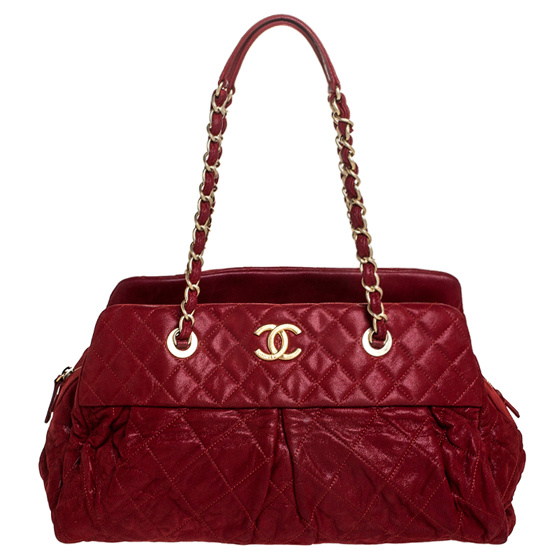 Chanel Red Quilted Iridescent Leather Chain Satchel