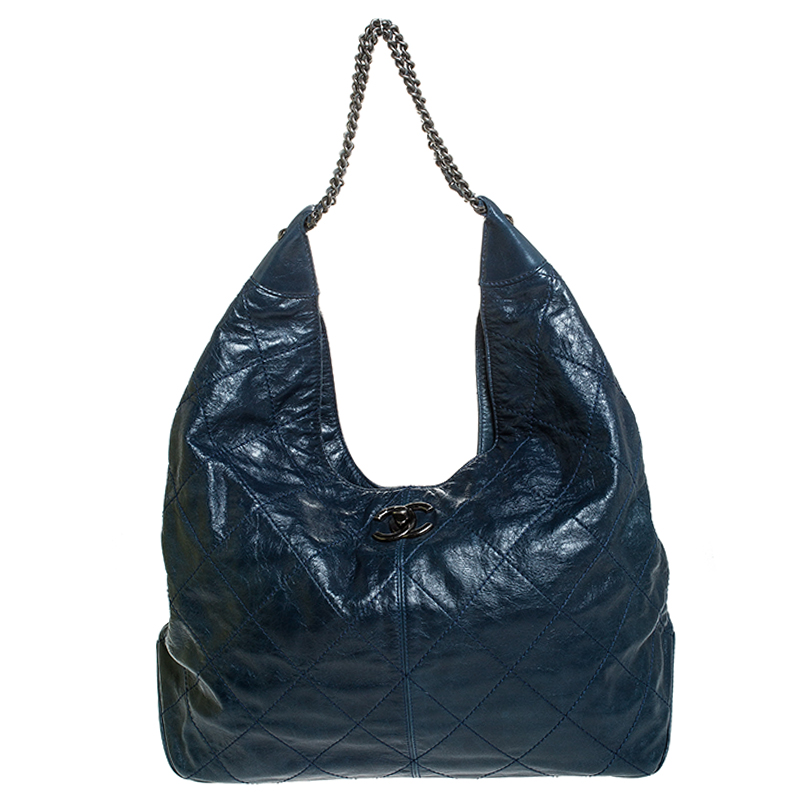 Pre Owned Chanel Blue Quilted Leather Coco Supple Hobo 