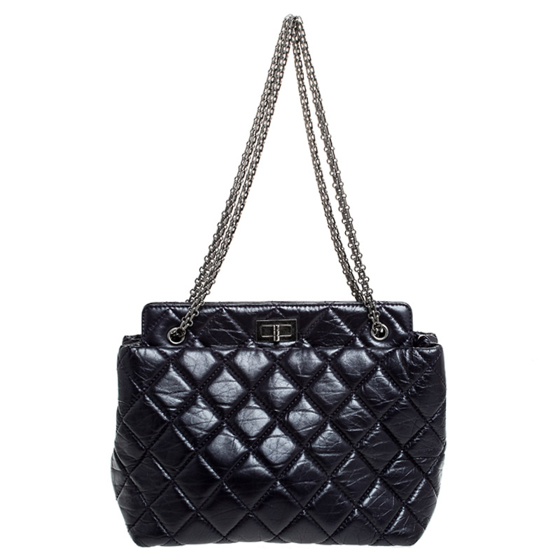 Pre Owned Chanel Purple Quilted Crackled Leather Mademoiselle Lock Chain Tote