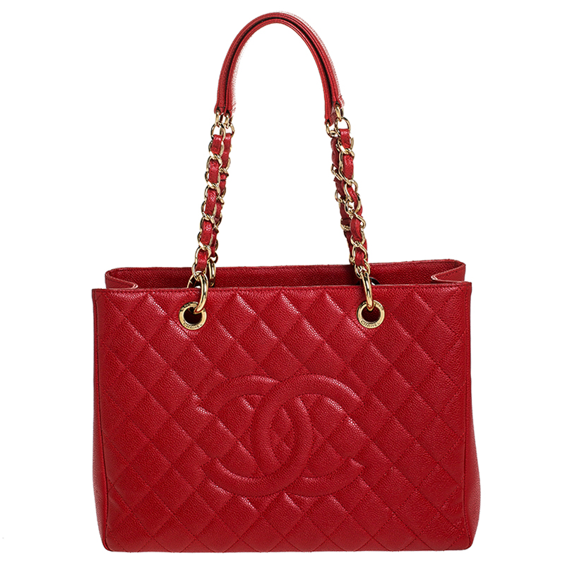 Chanel Red Quilted Caviar Leather Grand Shopping Tote