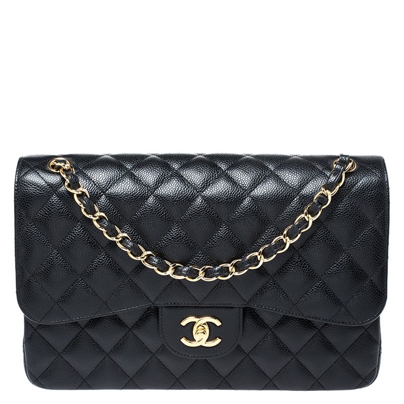 مملوكة مسبقًا Chanel Black Quilted Caviar Leather Jumbo Classic Double Flap Bag
