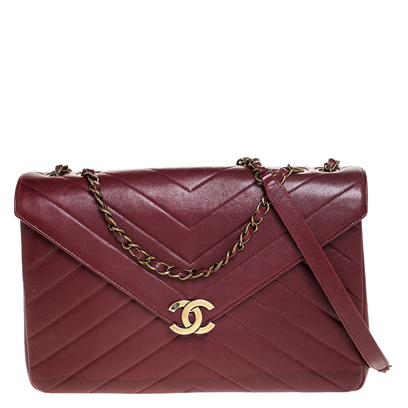 Chanel Maroon Chevron Leather Coco Envelope Shoulder Bag