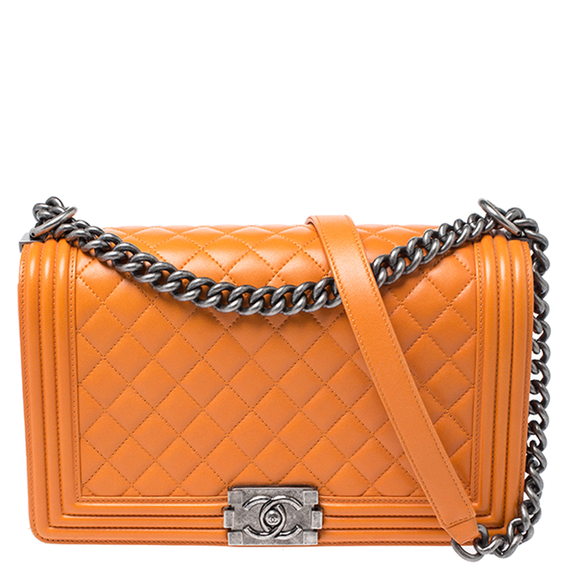 Pre-owned Chanel Orange Quilted Leather New Medium Boy Flap Bag