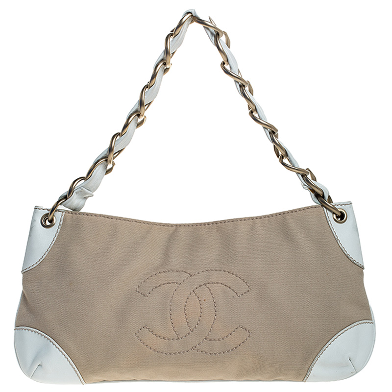 Chanel Beige & White Gingham Canvas Handbag Q6B04W0EIB000