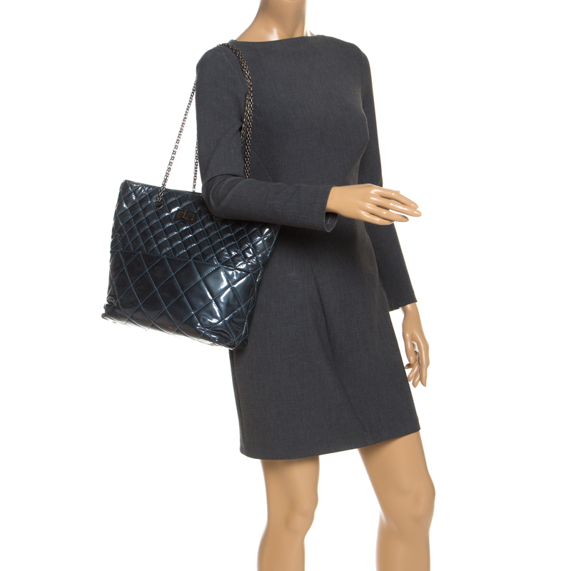 

Chanel Blue Green Quilted Patent Leather Reissue In-The-Business Tote