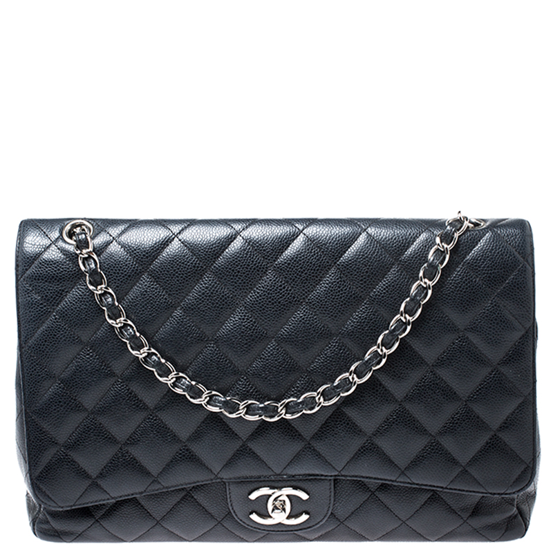 Preowned Chanel Black Quilted Caviar Leather Maxi Classic Double Flap
