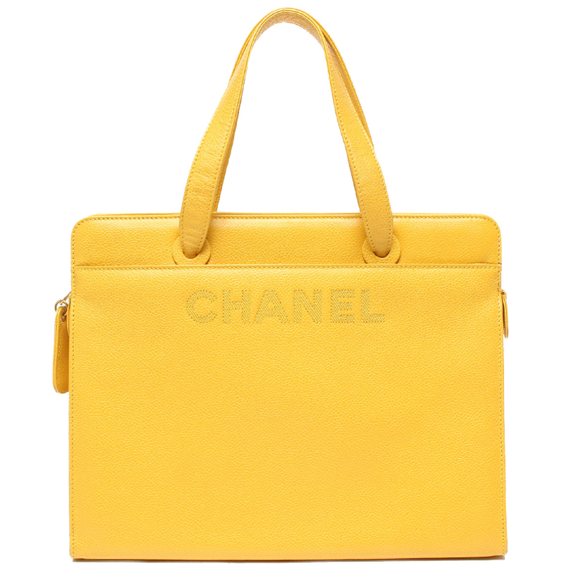 Pre Owned Chanel Yellow Caviar Leather Shoulder Bag
