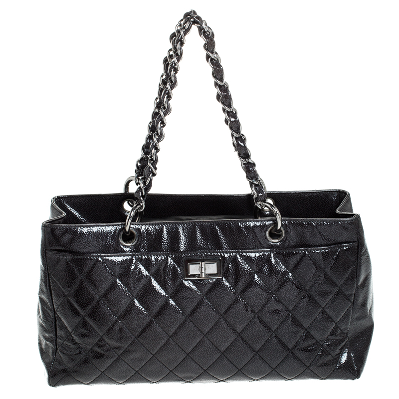 Chanel Black Quilted Caviar Patent Leather Shopper Tote