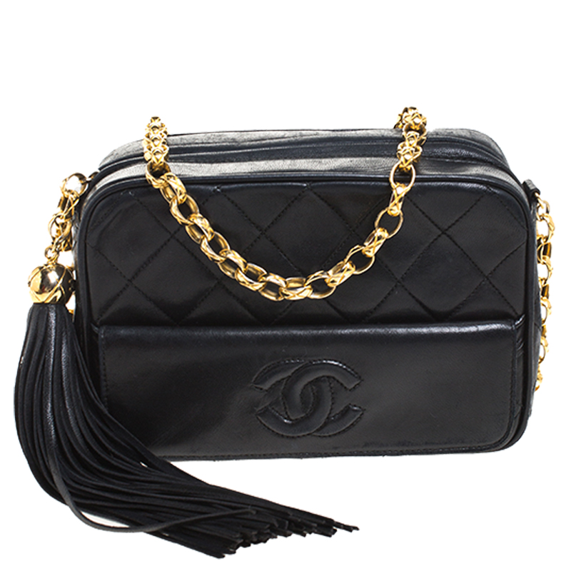 Chanel Black Quilted Leather Vintage CC Tassel Camera Bag