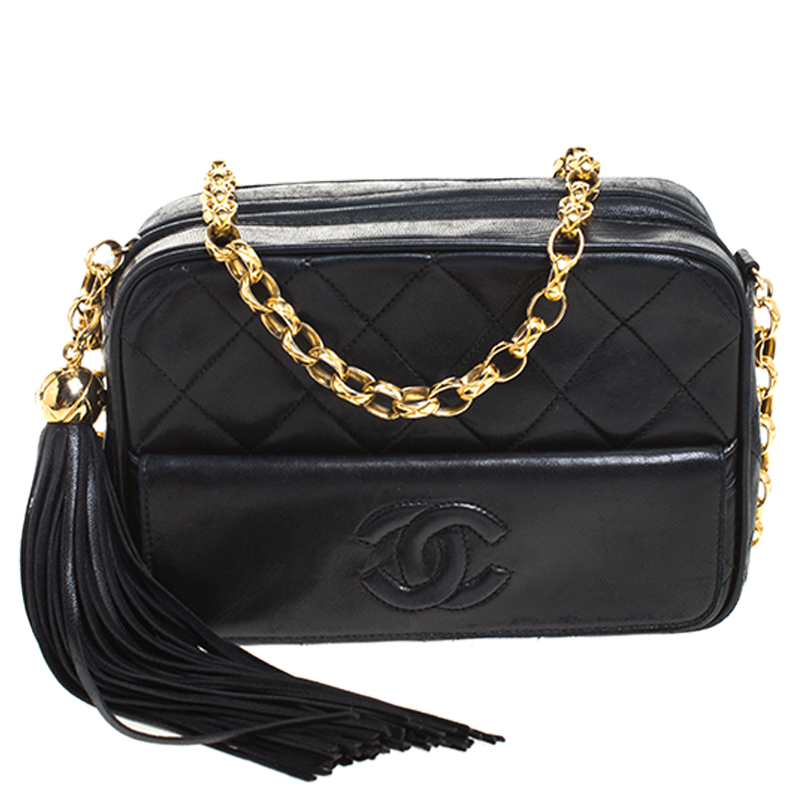 Chanel Black Quilted Leather Vintage CC Tassel Camera Bag