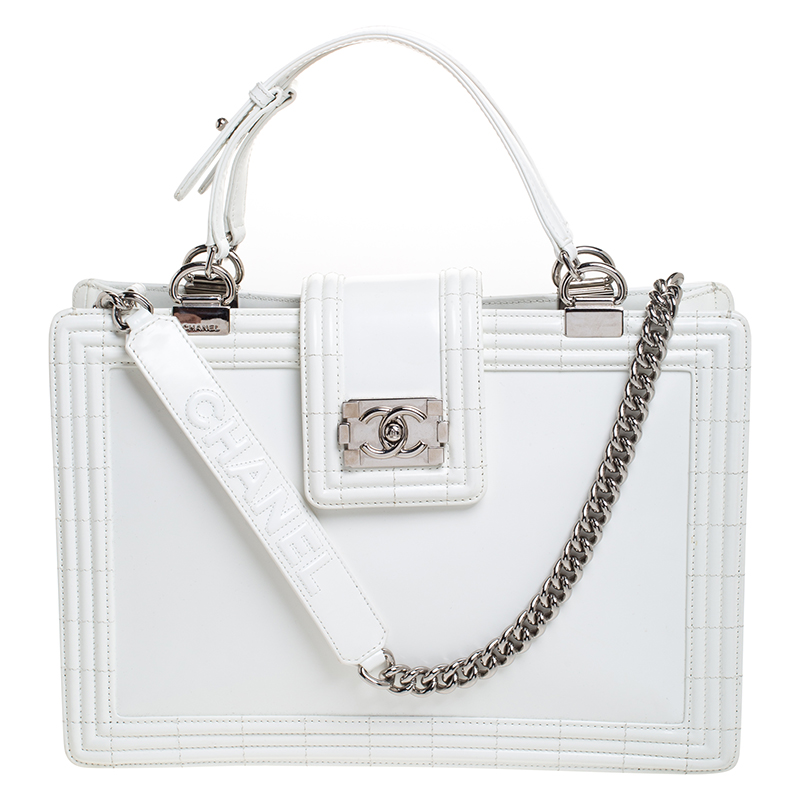 Pre-owned Chanel Off White Patent Leather Reverso Boy Tote | ModeSens