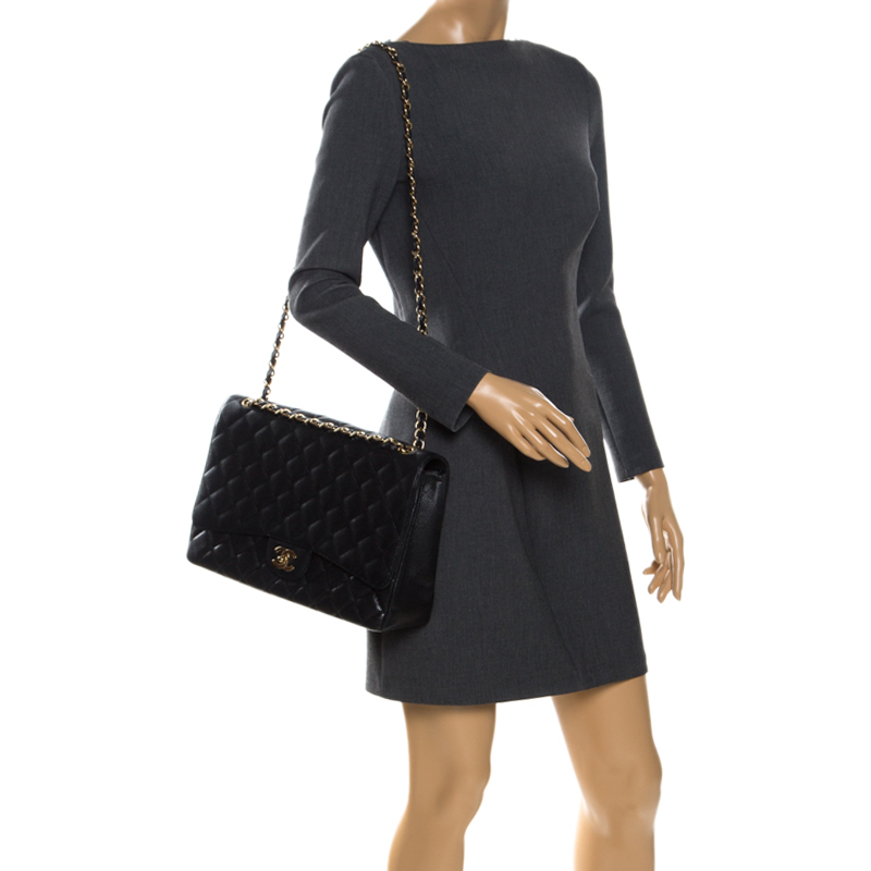 

Chanel Black Quilted Caviar Leather Maxi Classic Single Flap Bag