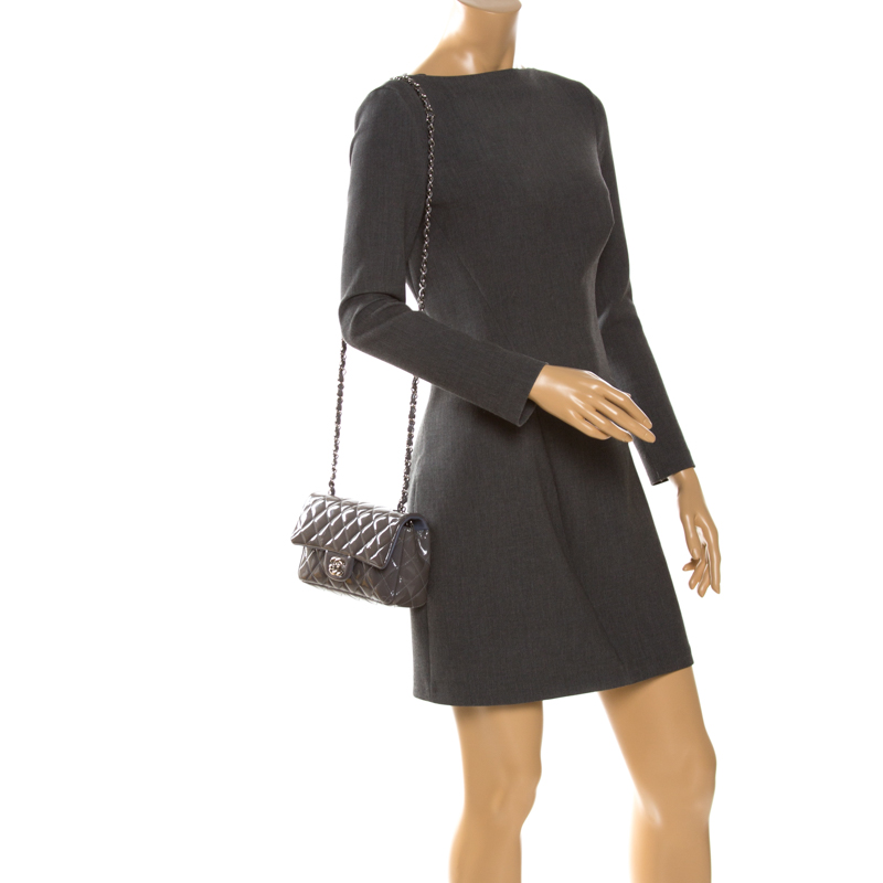

Chanel Grey Quilted Patent Leather Mini Flap Bag