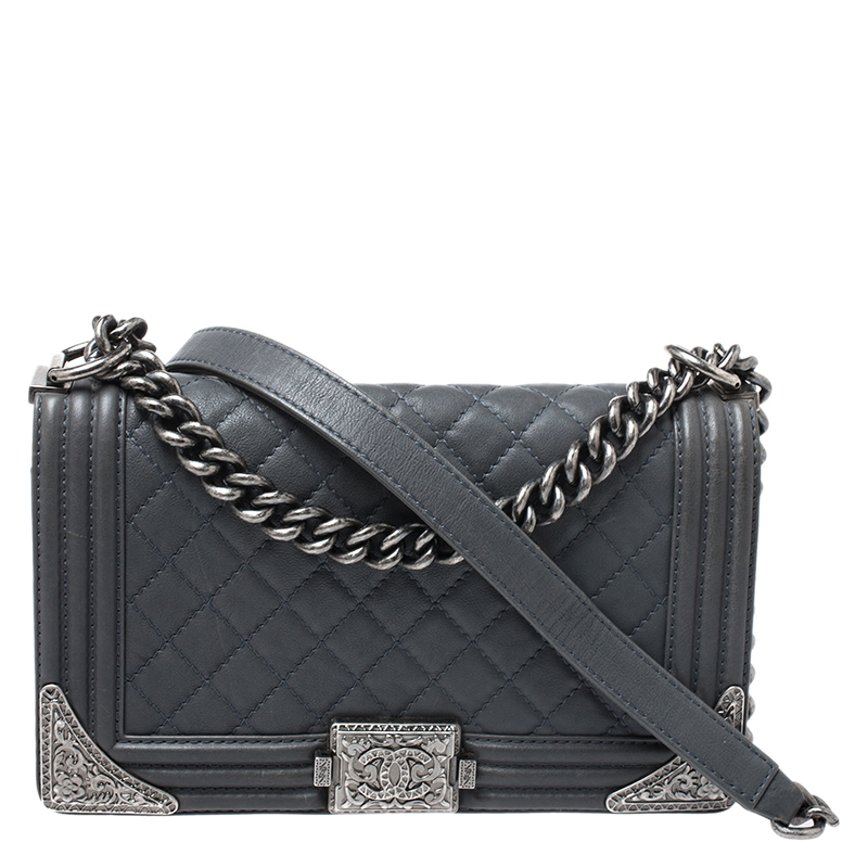 Pre Owned Chanel Grey Quilted Leather Medium Boy Flap Bag