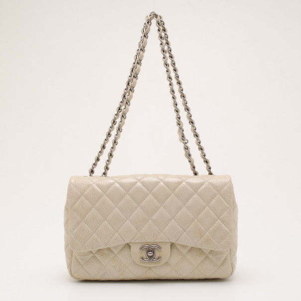 Pre Owned Chanel Beige Quilted ‘Crackled’ Leather Flap Bag