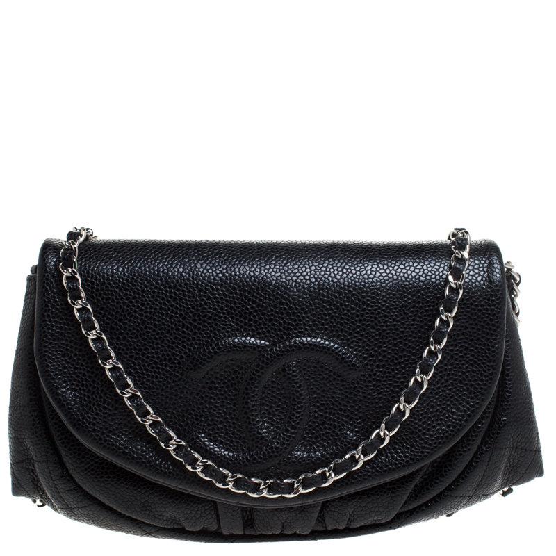 Chanel Black Quilted Caviar Leather Half Moon Wallet On Chain