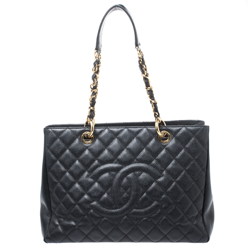 Pre Owned Chanel Black Quilted Caviar Leather Grand Shopper Tote