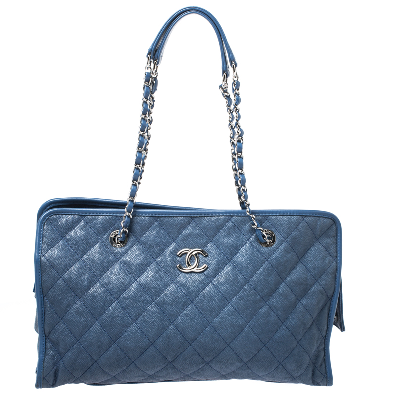 Pre Owned Chanel Blue Caviar Quilted Leather Large Riviera Tote