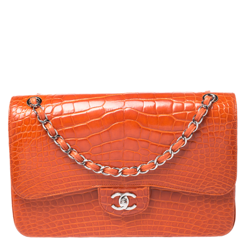 Pre-owned Chanel Orange Alligator Jumbo Classic Double Flap Bag
