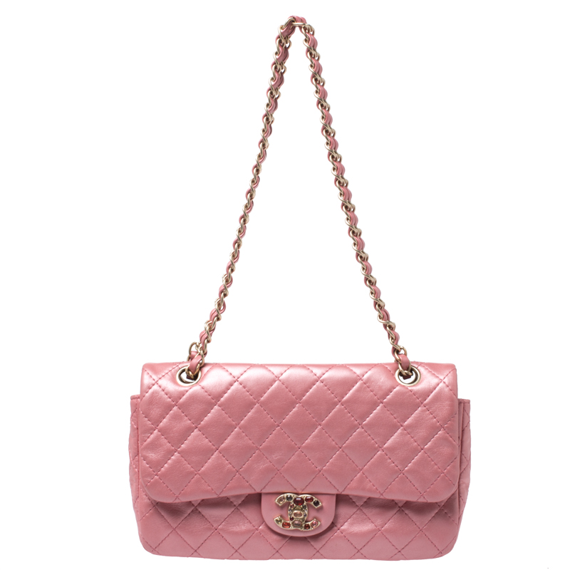 Chanel Metallic Pink Quilted Leather Crystal CC Single Flap Shoulder ...