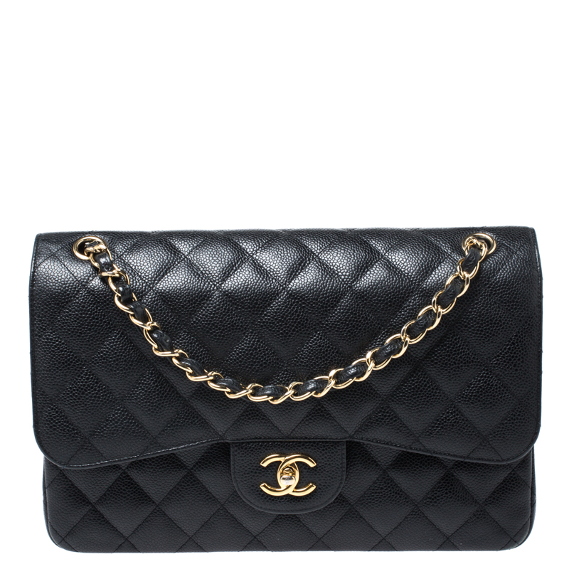Pre Owned حقيبة شانيل جامبو كلاسيك جلد كافيار أسود مبطن بقلاب مزدوج