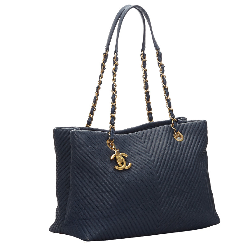 

Chanel Blue Chevron Leather Chain Tote Bag