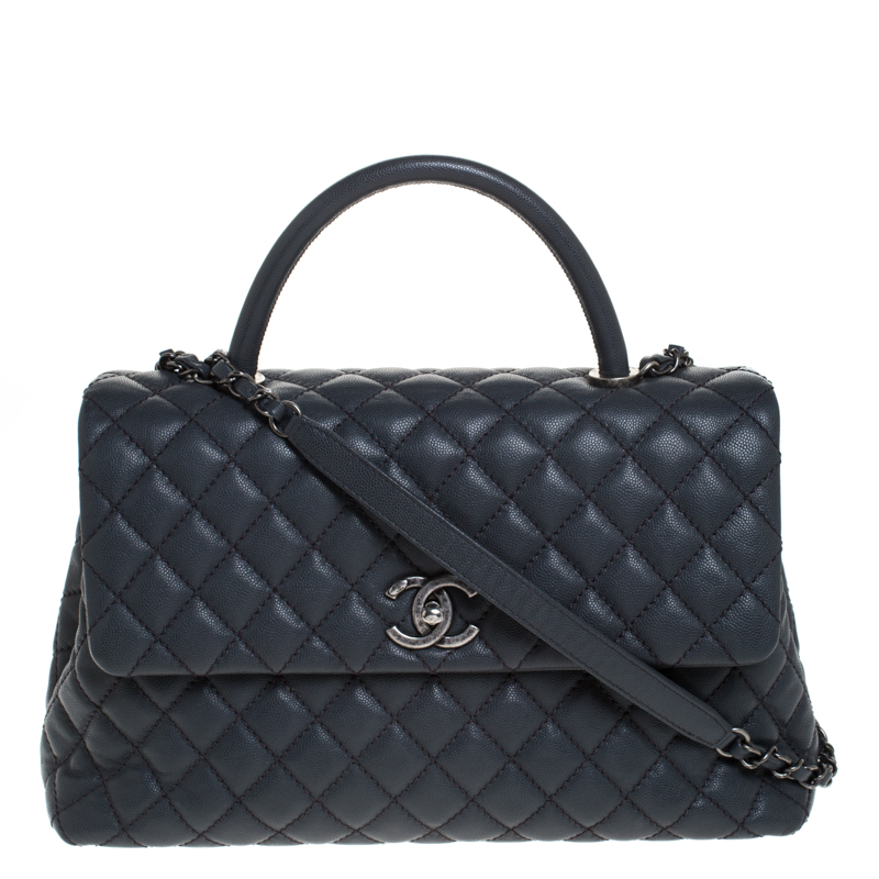Pre Owned Chanel Grey Quilted Caviar Leather Large Quilted Coco Top Handle Bag
