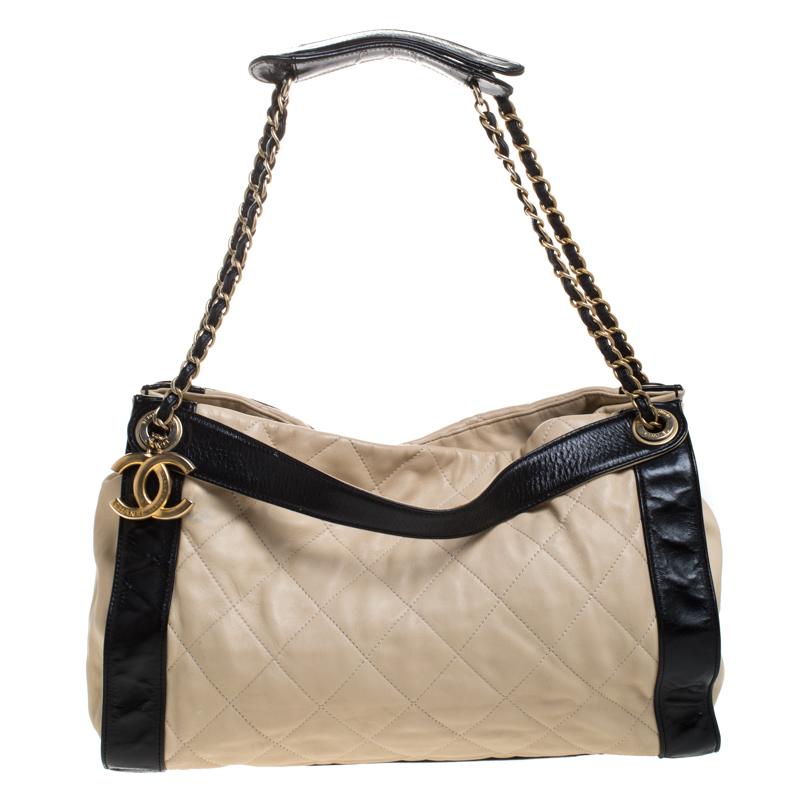 Chanel Beige/Black Quilted Leather Chain Tote 