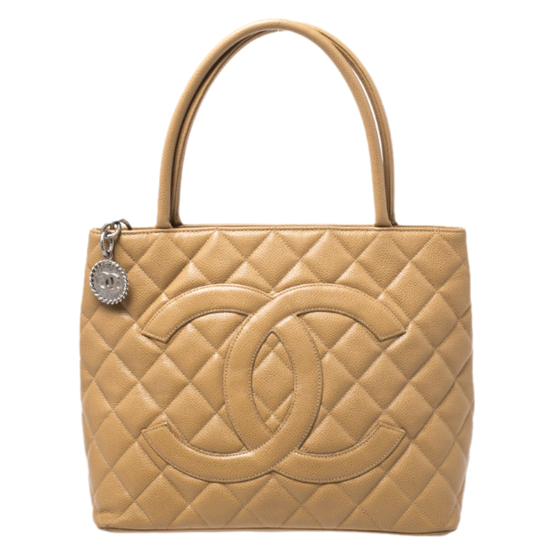 chanel beige quilted caviar leather medallion tote
