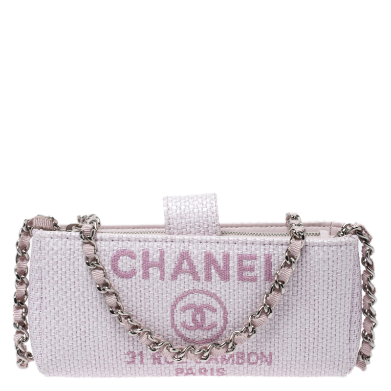 Pre Owned Chanel Light Pink Raffia Deauville Phone Chain Clutch